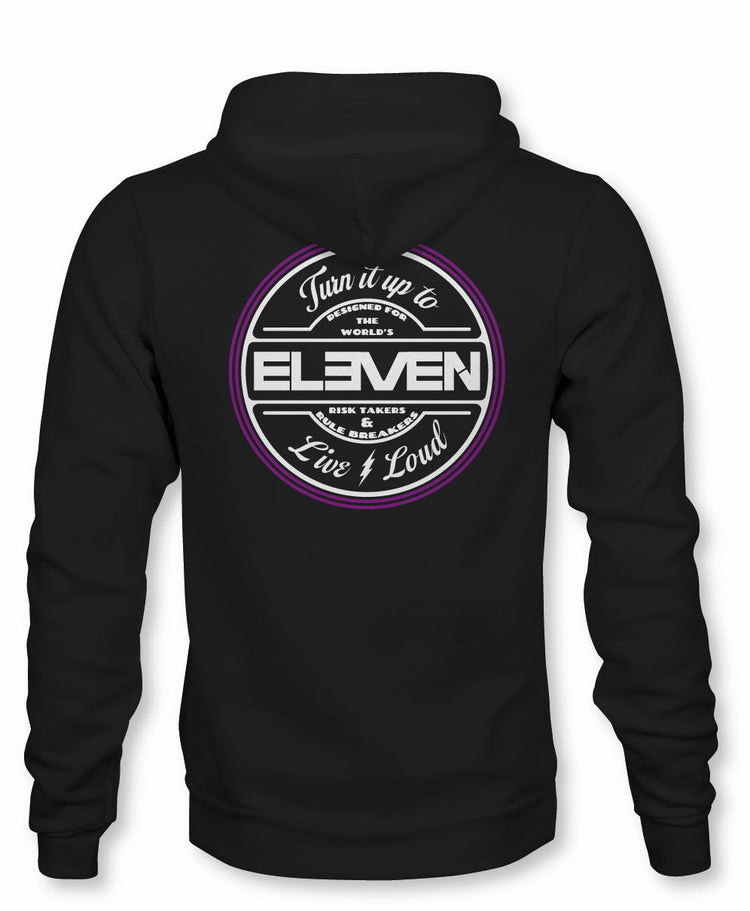 TURN IT UP TO ELEVEN · LIVE LOUD WHITE PURPLE ROUND LOGO ON BLACK EVENTIDE HOODIE - ELEVEN