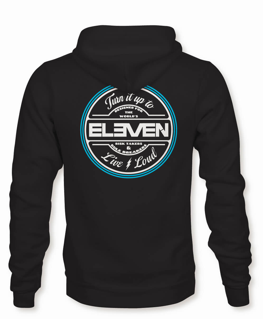 TURN IT UP TO ELEVEN · LIVE LOUD WHITE BLUE ROUND LOGO ON BLACK EVENTIDE HOODIE - ELEVEN