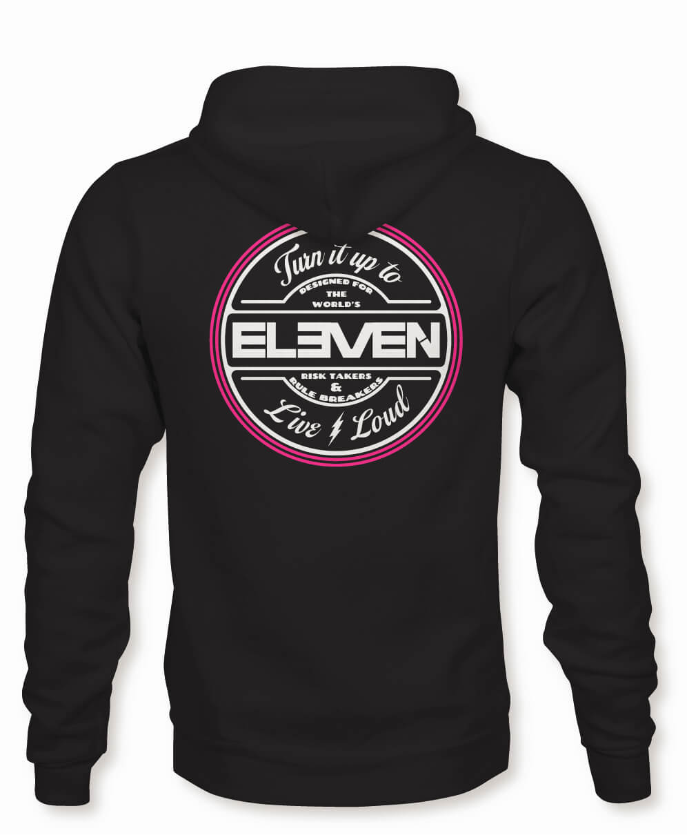 TURN IT UP TO ELEVEN · LIVE LOUD WHITE PINK ROUND LOGO ON BLACK EVENTIDE HOODIE - ELEVEN