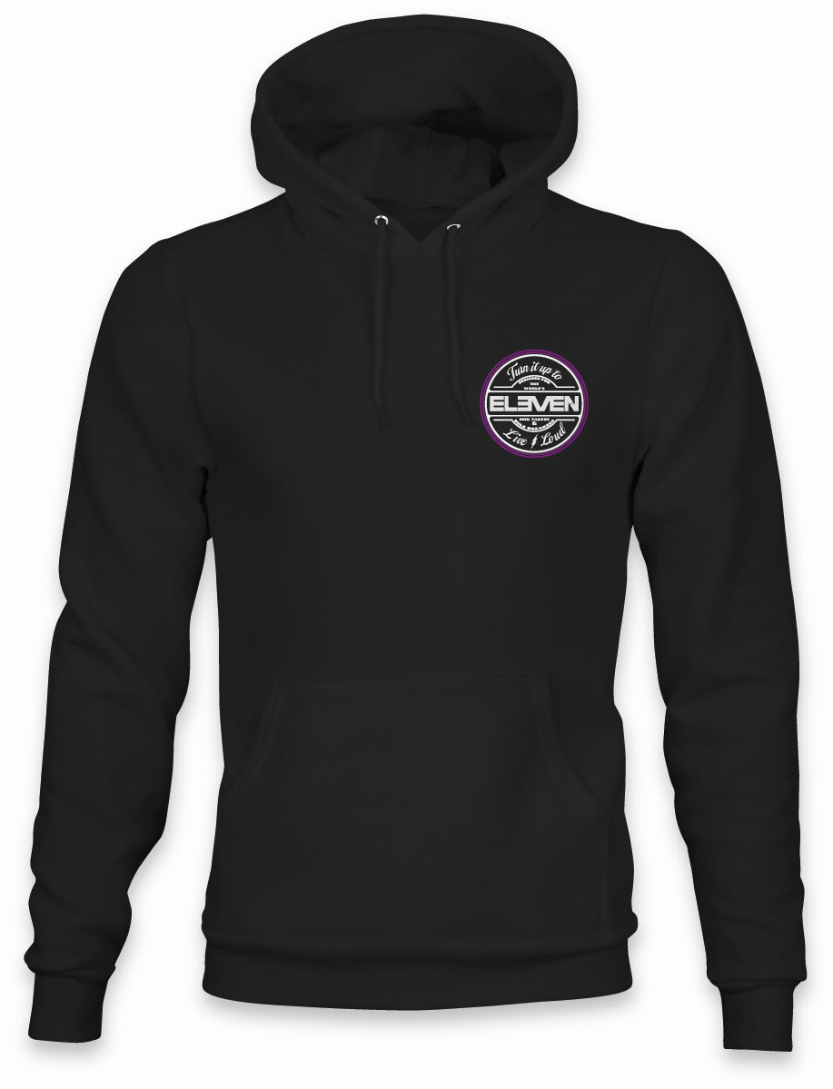 TURN IT UP TO ELEVEN · LIVE LOUD WHITE PURPLE ROUND LOGO ON BLACK EVENTIDE HOODIE - ELEVEN