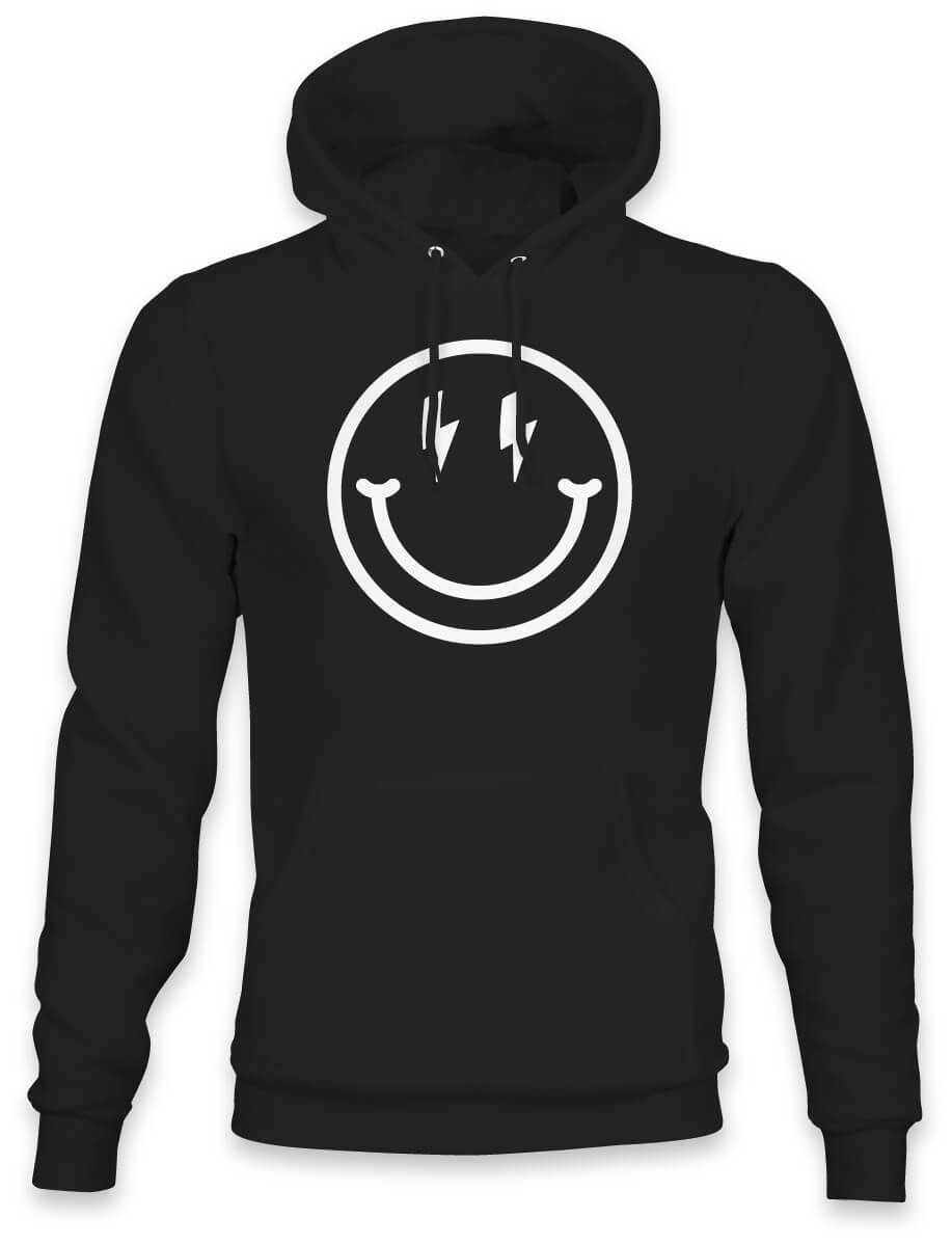 HIGH VOLTAGE SMILEY FACE EVENTIDE HOODIE - WHITE ON BLACK - ELEVEN