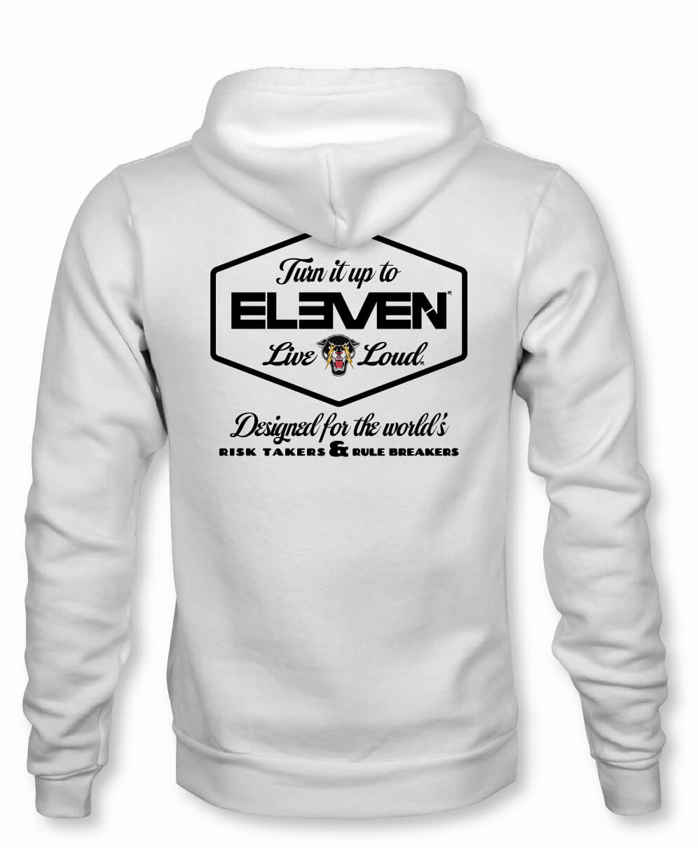 TURN IT UP TO ELEVEN · LIVE LOUD BADGE LOGO HOODIE - WHITE